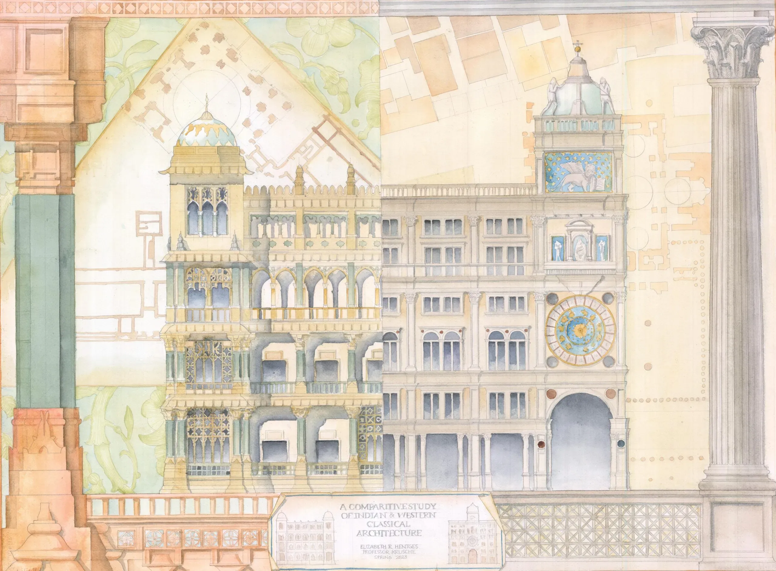 A watercolor comparison of Comparison of Indian and Western Traditions in architecture.